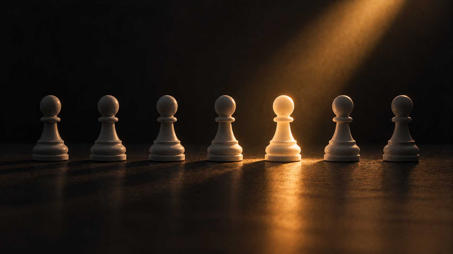 A row of identical chess pawns with a single one picked out by a beam of light