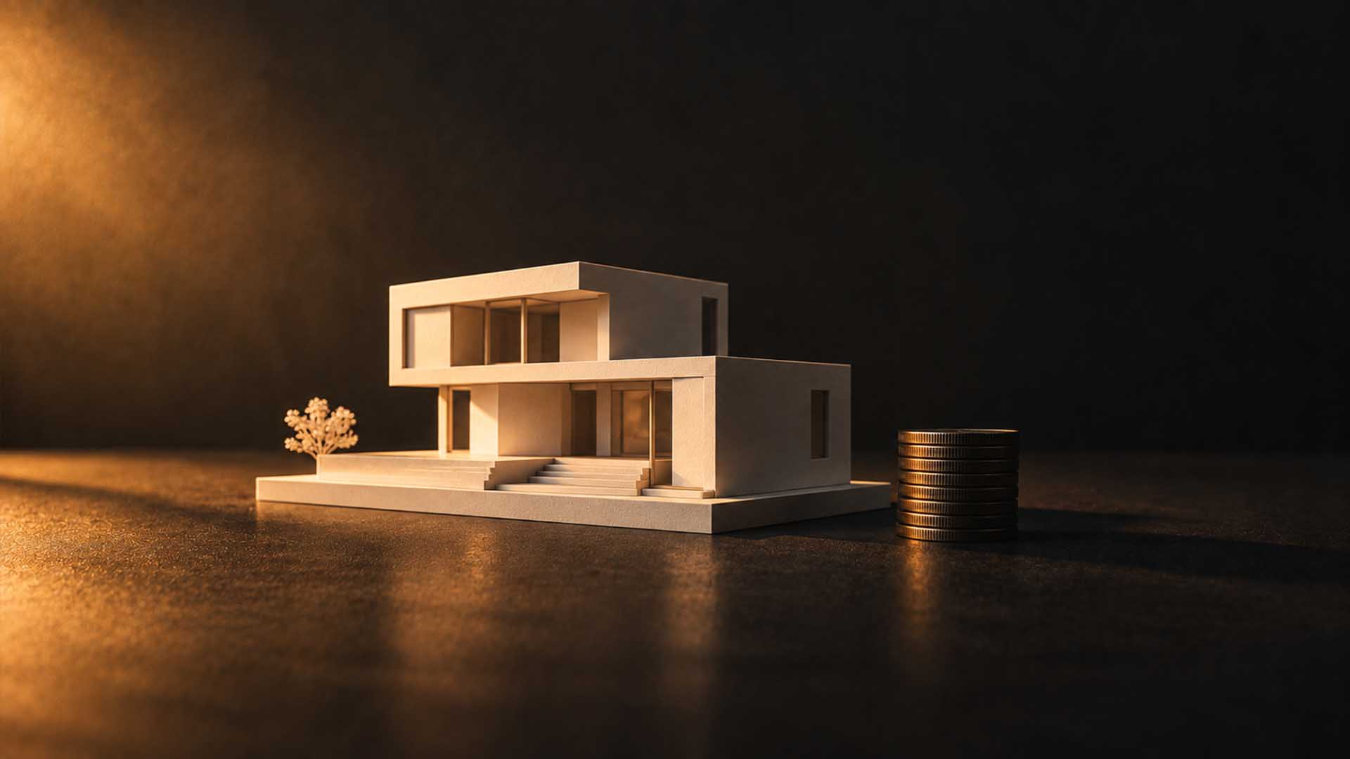 Architectural model of a modern house standing beside a stack of coins