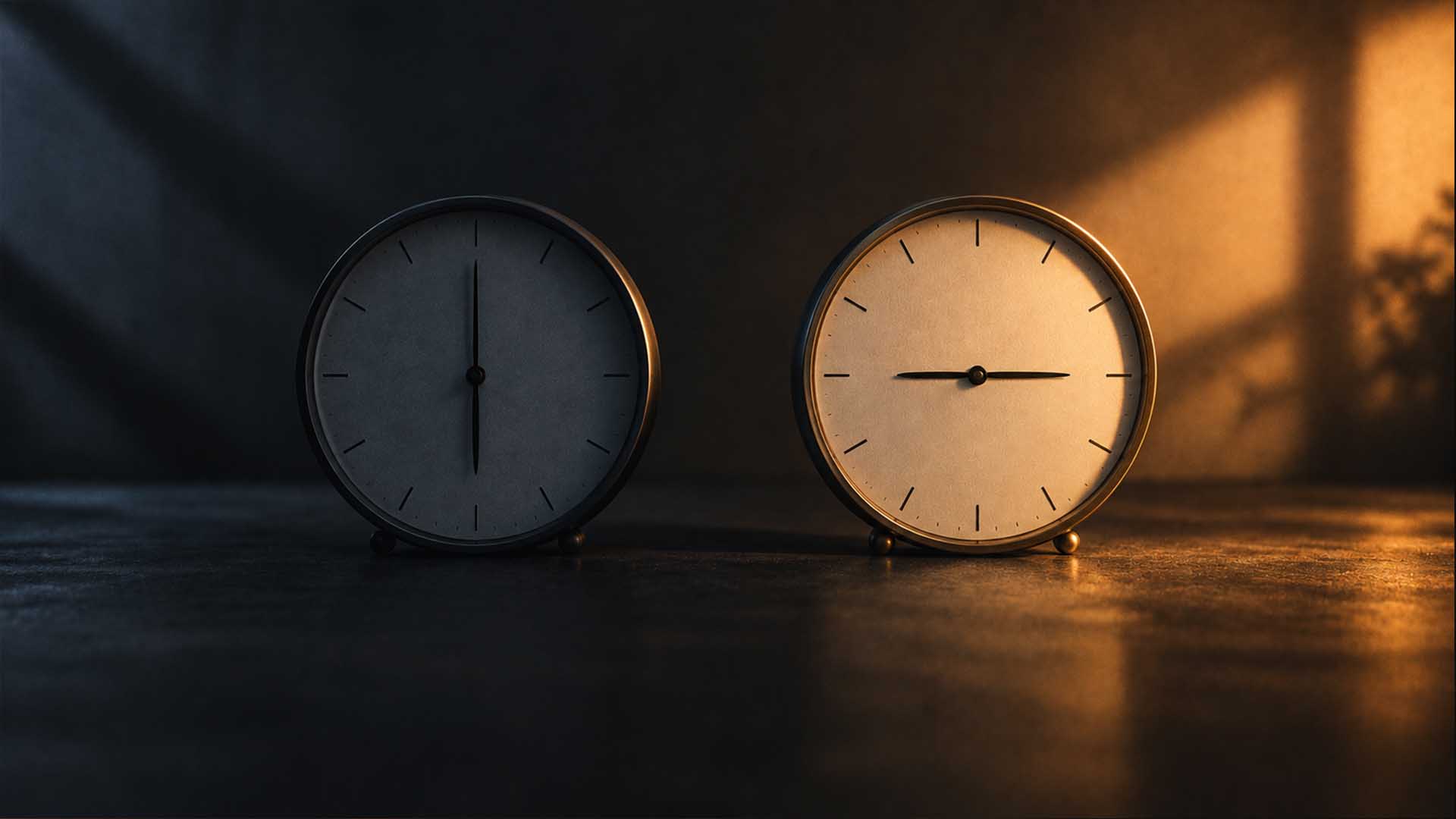 Two desk clocks side by side, one in shadow and one in morning light, showing different hours