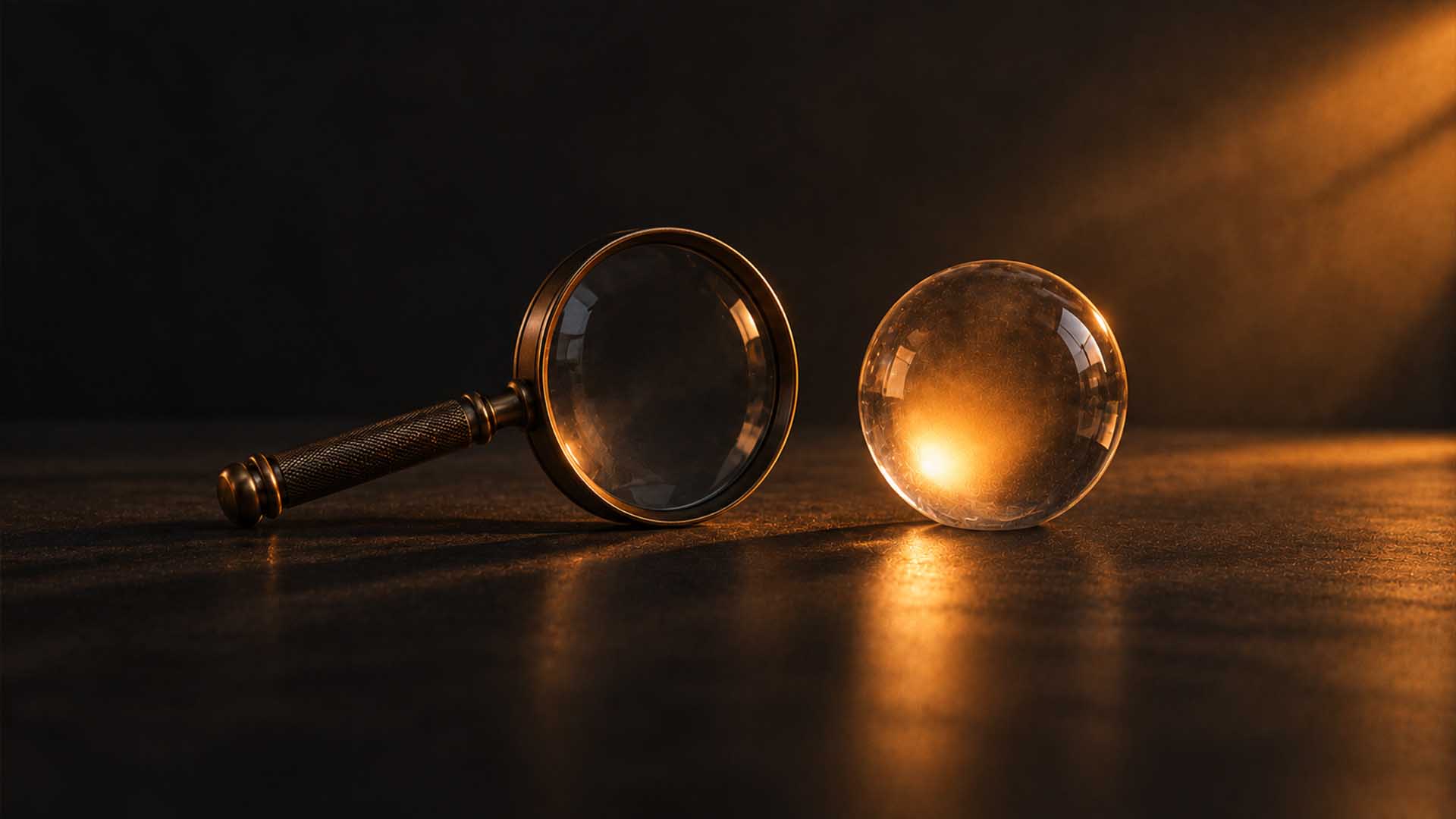 A magnifying glass lying beside a glass sphere lit from within