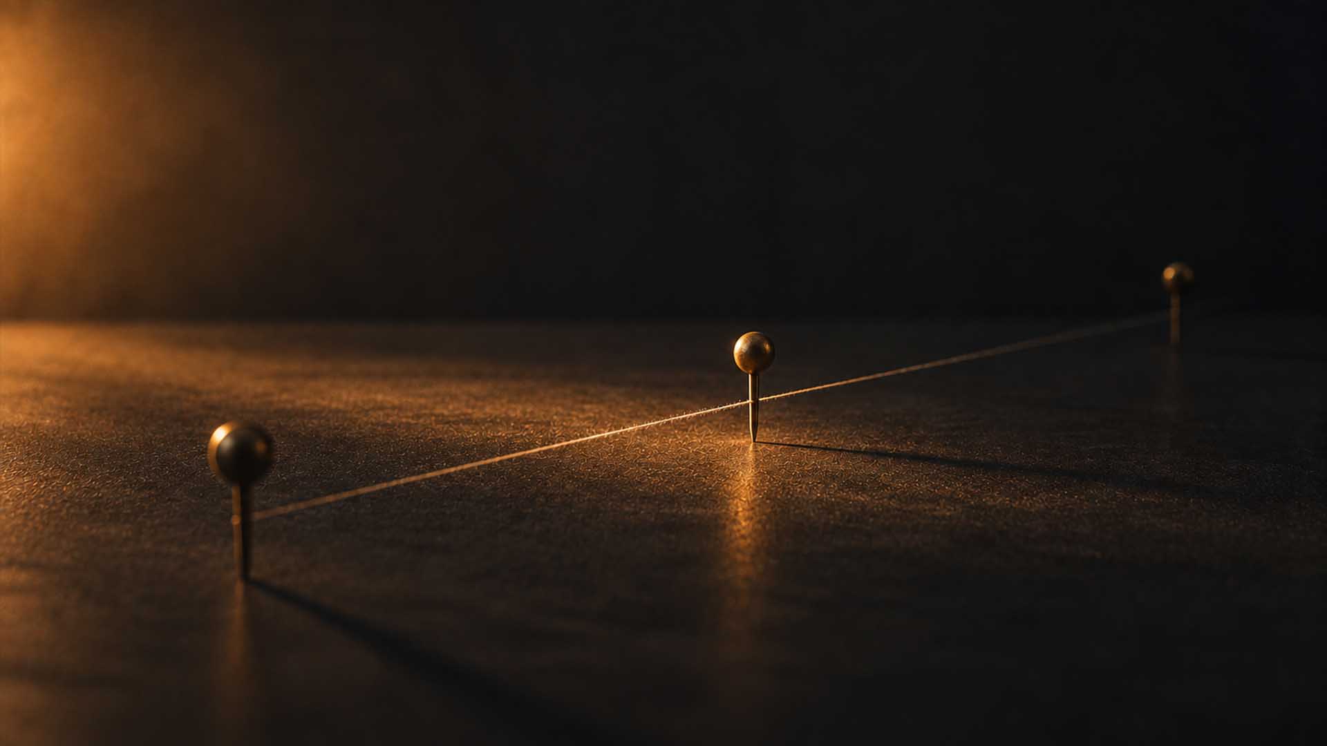 Three brass pins connected by a single taut thread across a dark surface