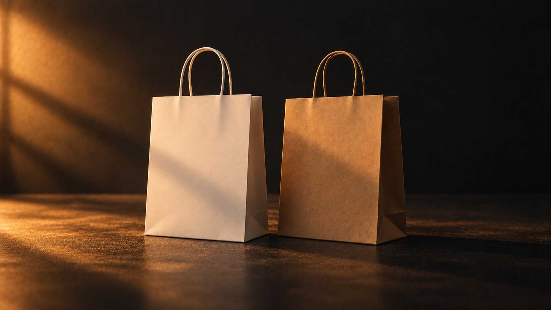 Two plain paper shopping bags standing side by side, one pale and one kraft brown