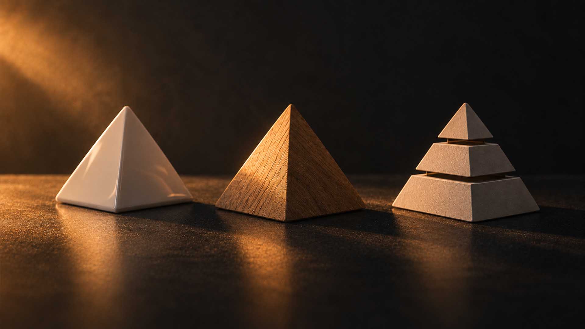 Three pyramids side by side: one smooth ceramic, one solid wood, one built from stacked layers