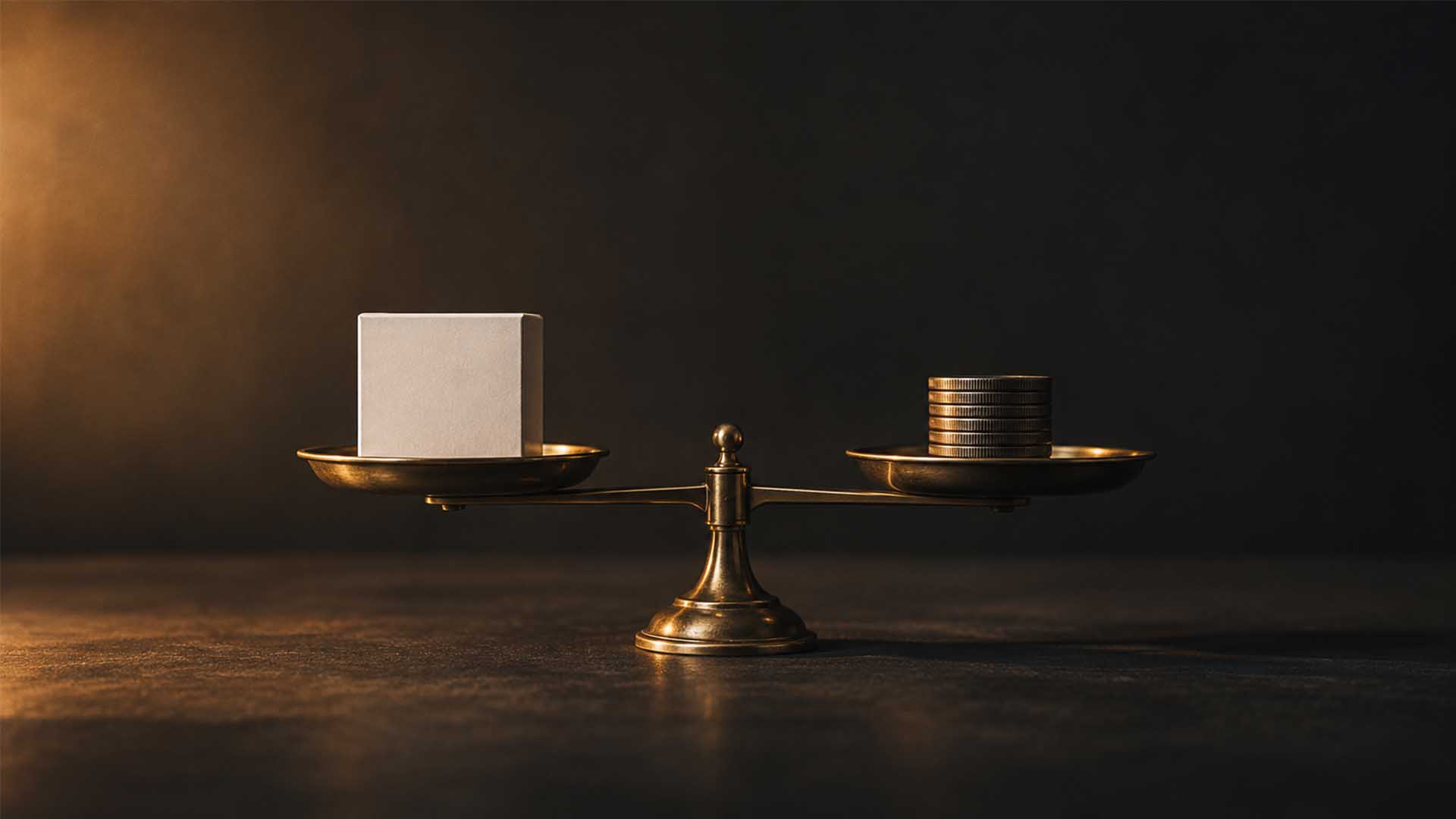 Brass scales holding a blank white box against a stack of coins, balanced level