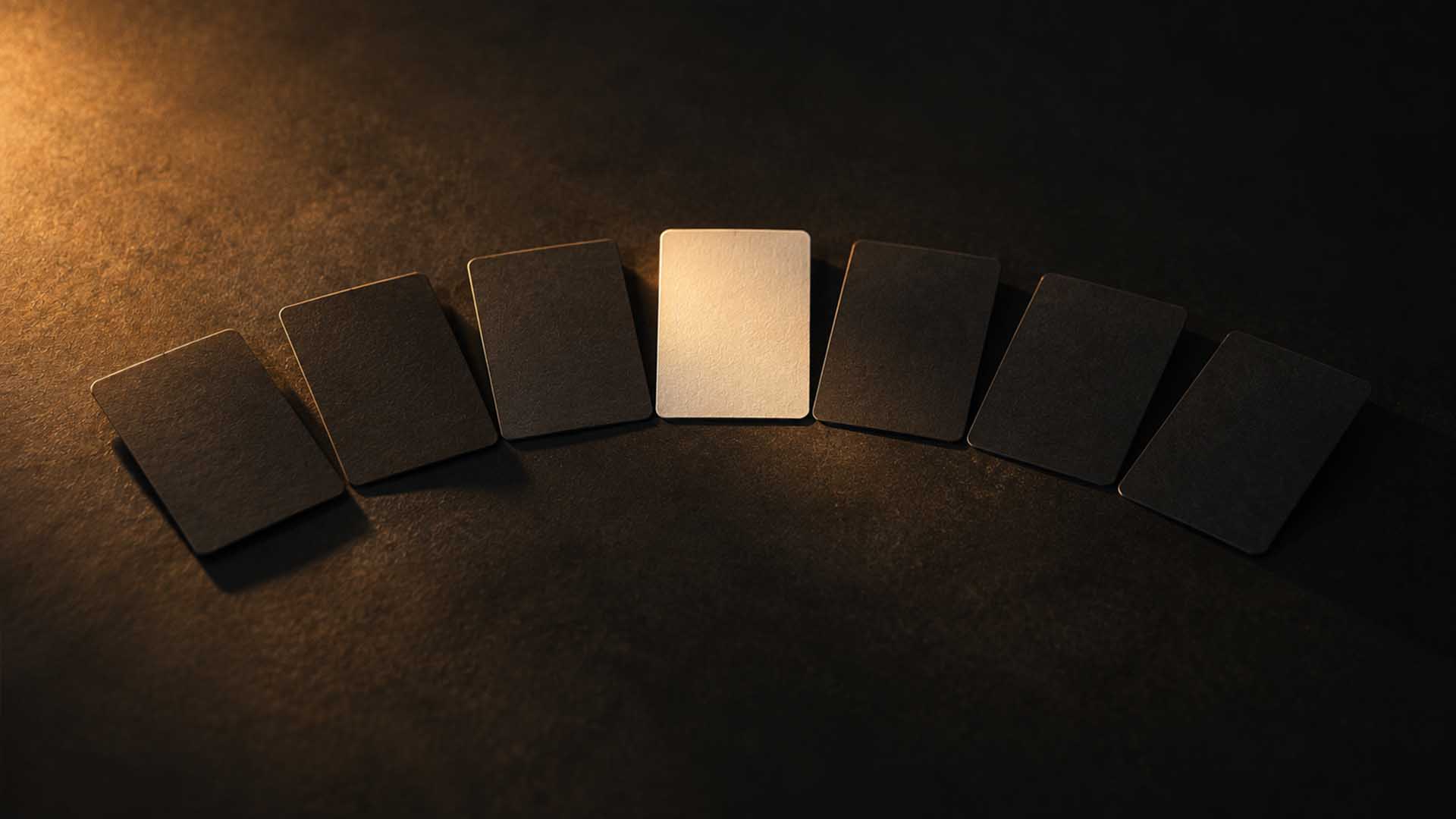 Seven blank cards laid out in an arc, one lit while the rest stay in shadow