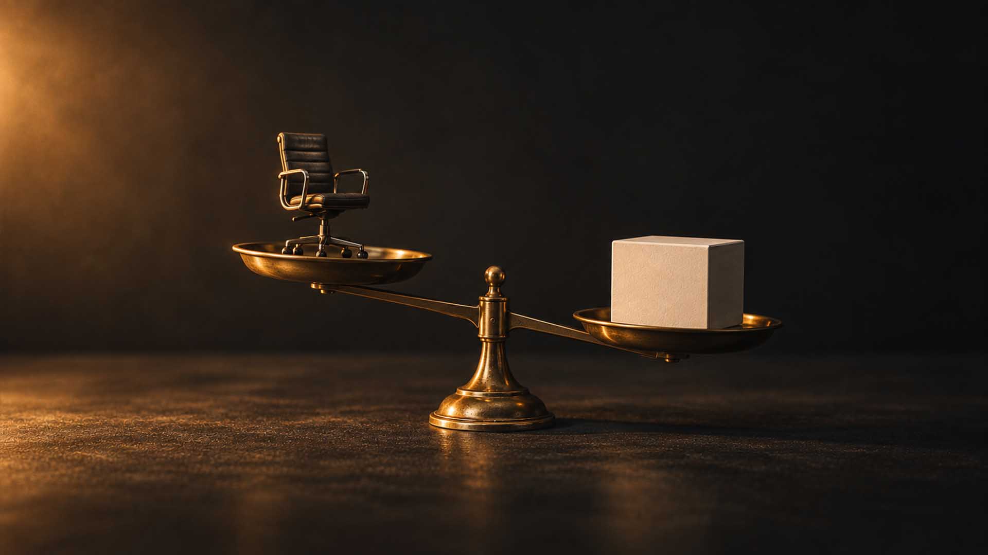 Brass scales weighing an office chair against a plain white box, the box sitting lower
