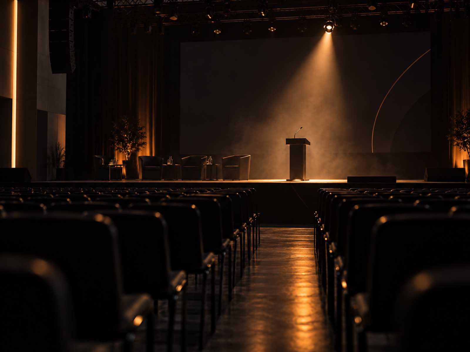 Bina sa govornicom i prazna sala pred početak konferencije