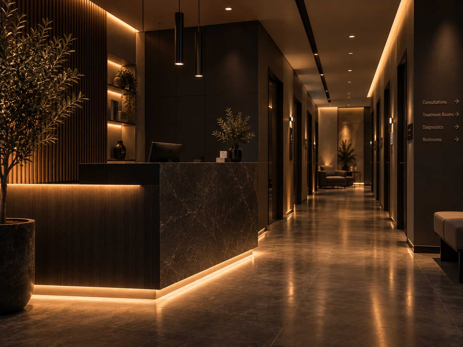 Recepcija i hodnik privatne klinike sa oznakama ordinacija