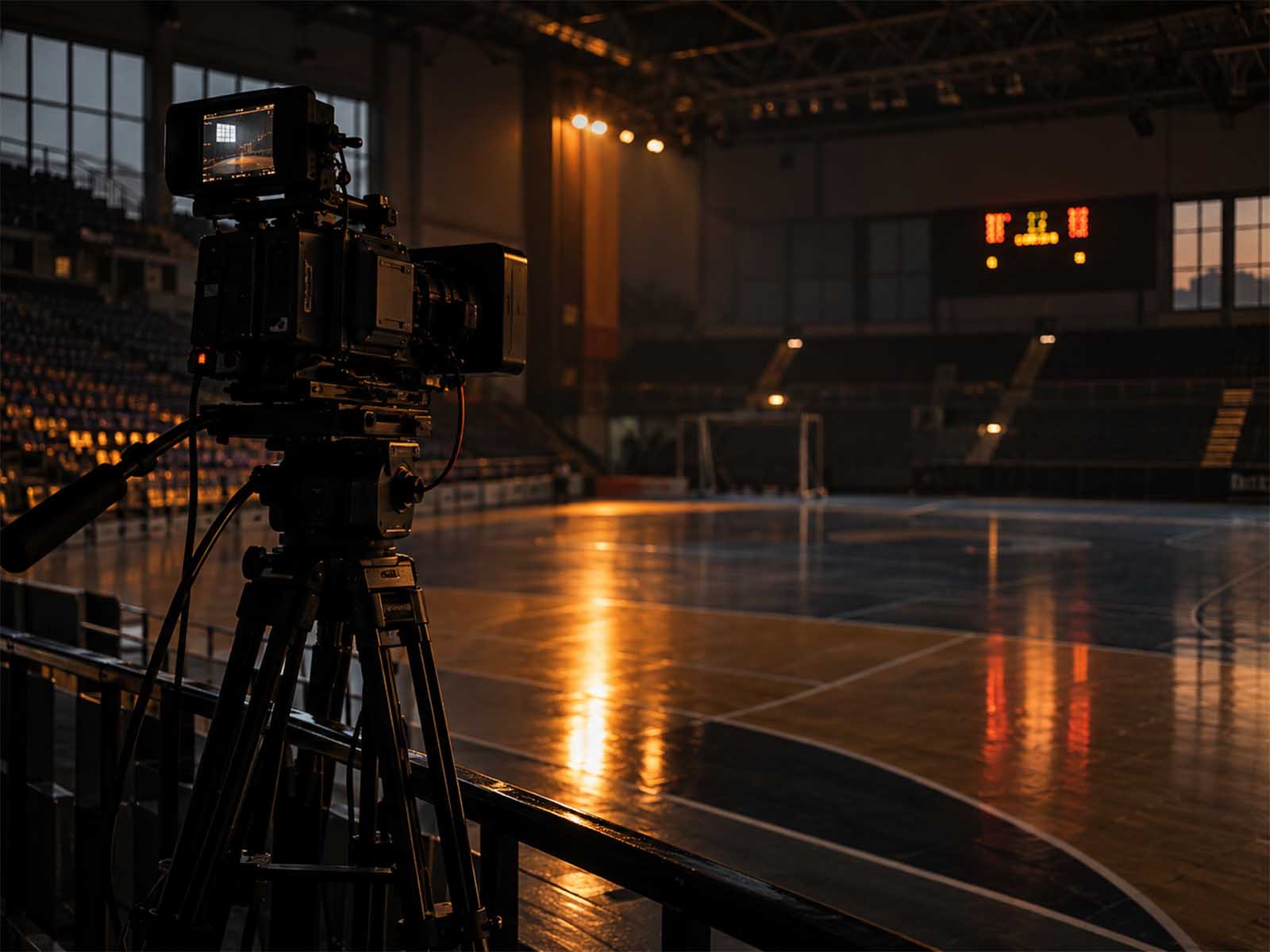 Kamera na stativu okrenuta ka terenu u sportskoj hali