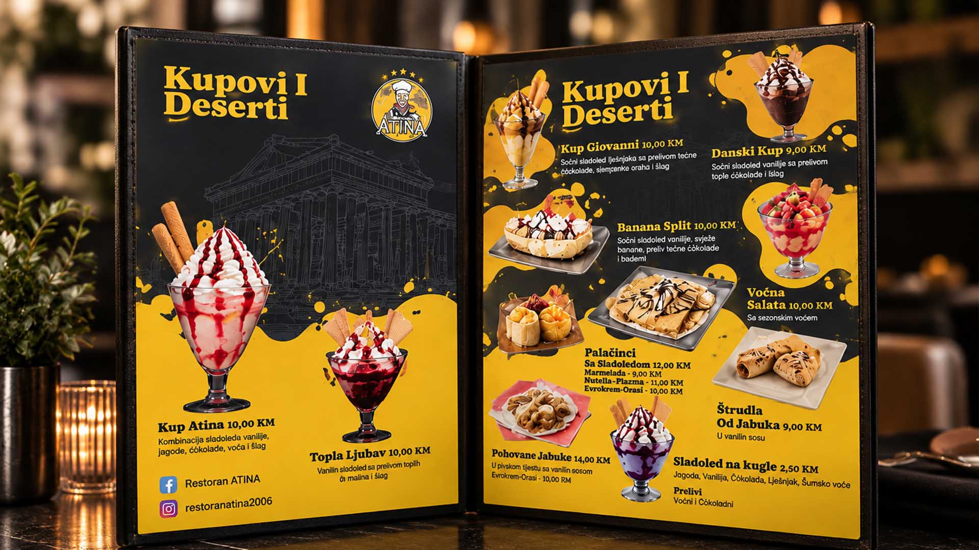 Otvoren meni deserta restorana Atina — korice i unutrašnja strana