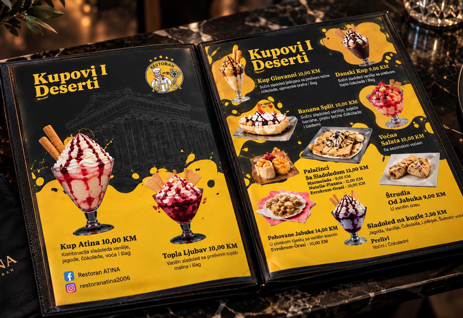 Meni deserta restorana Atina na stolu, dizajn i priprema za štampu