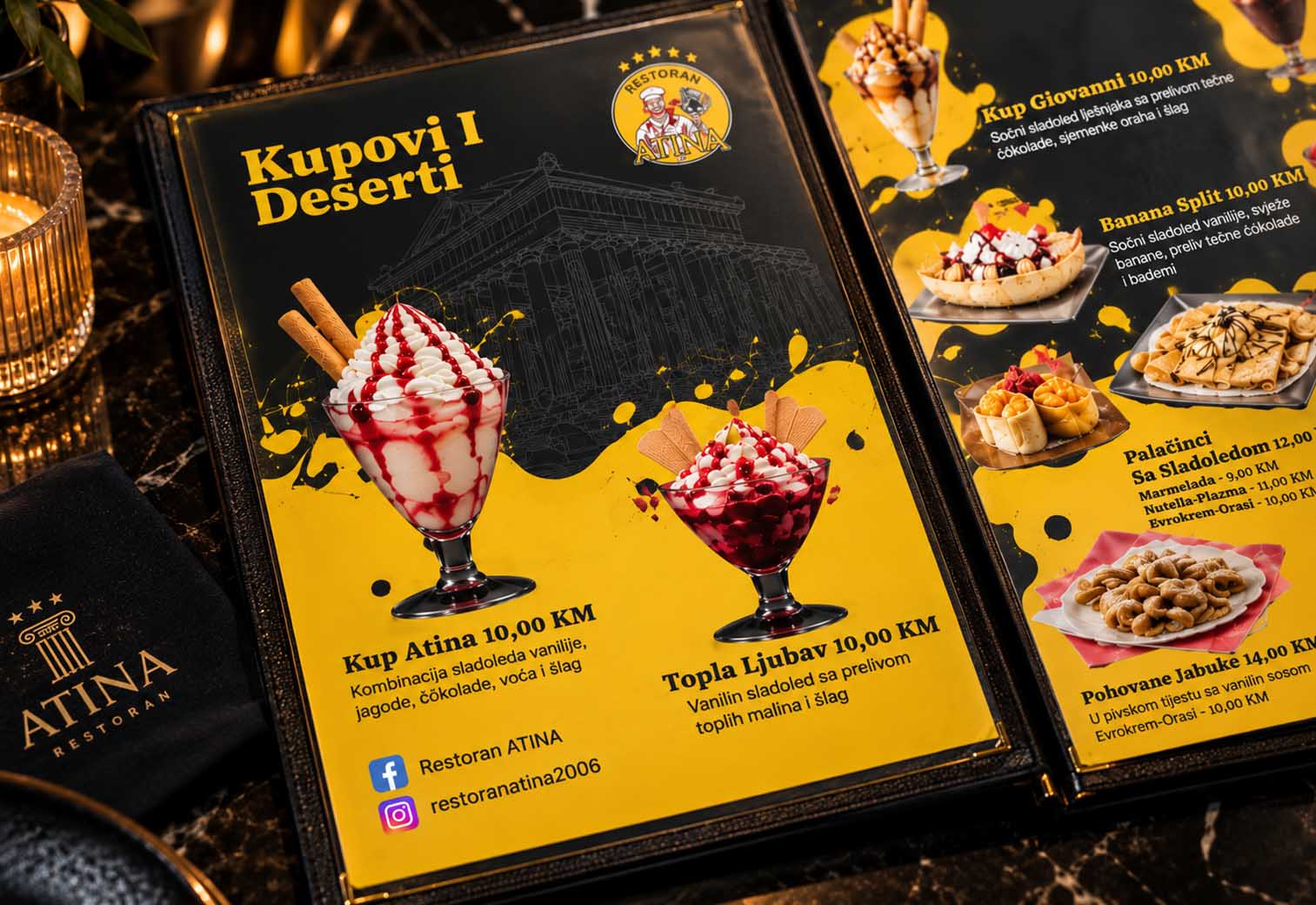 Kožne korice menija Atina sa logotipom restorana, detalj postavke