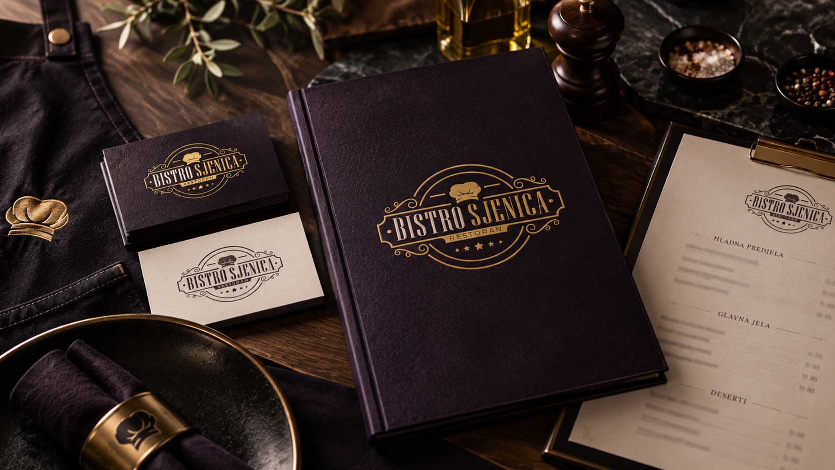 Meni, vizitke i salvete sa logotipom restorana Bistro Sjenica
