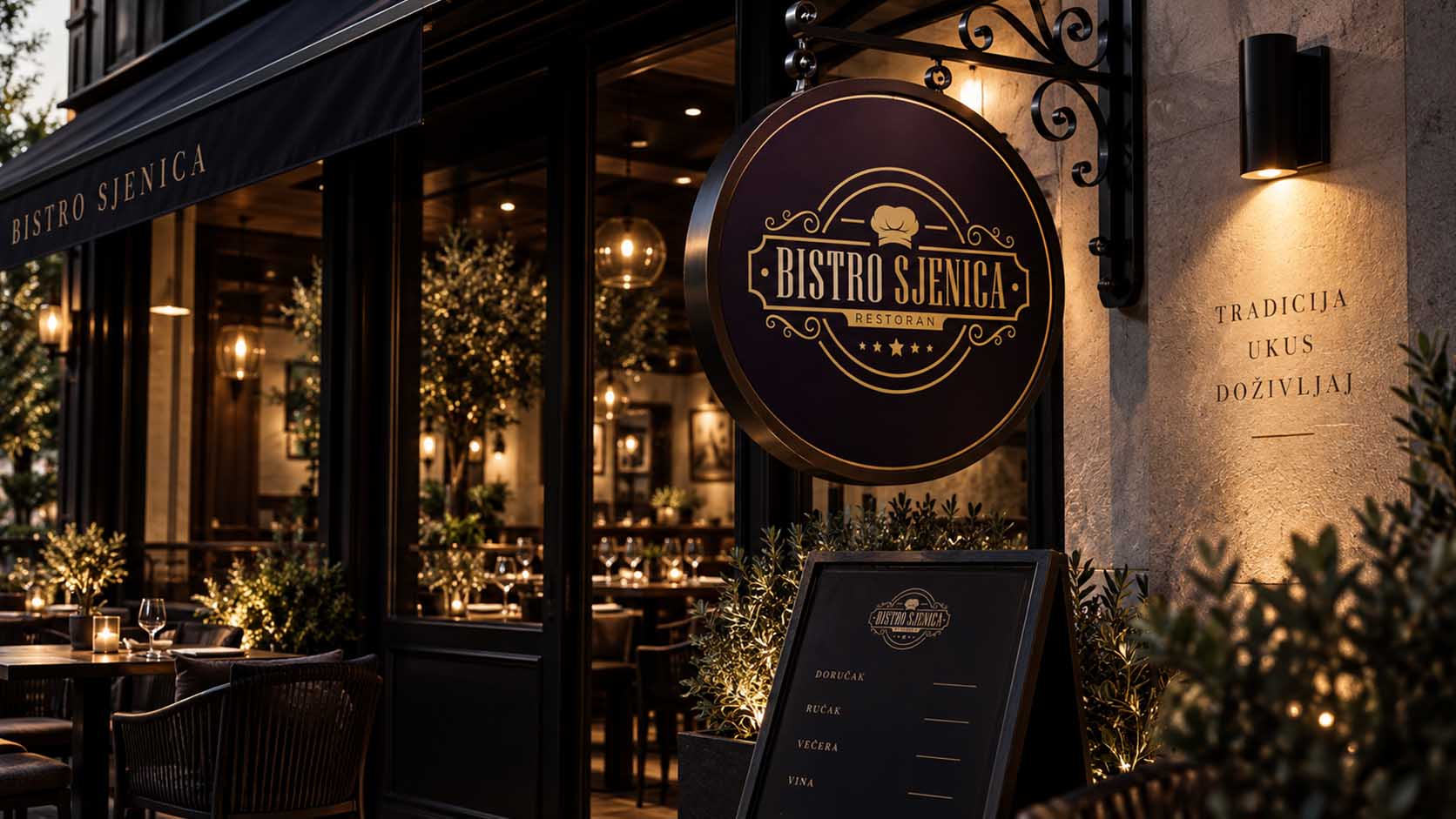 Osvetljena tabla Bistro Sjenica iznad ulaza u restoran u Zagrebu