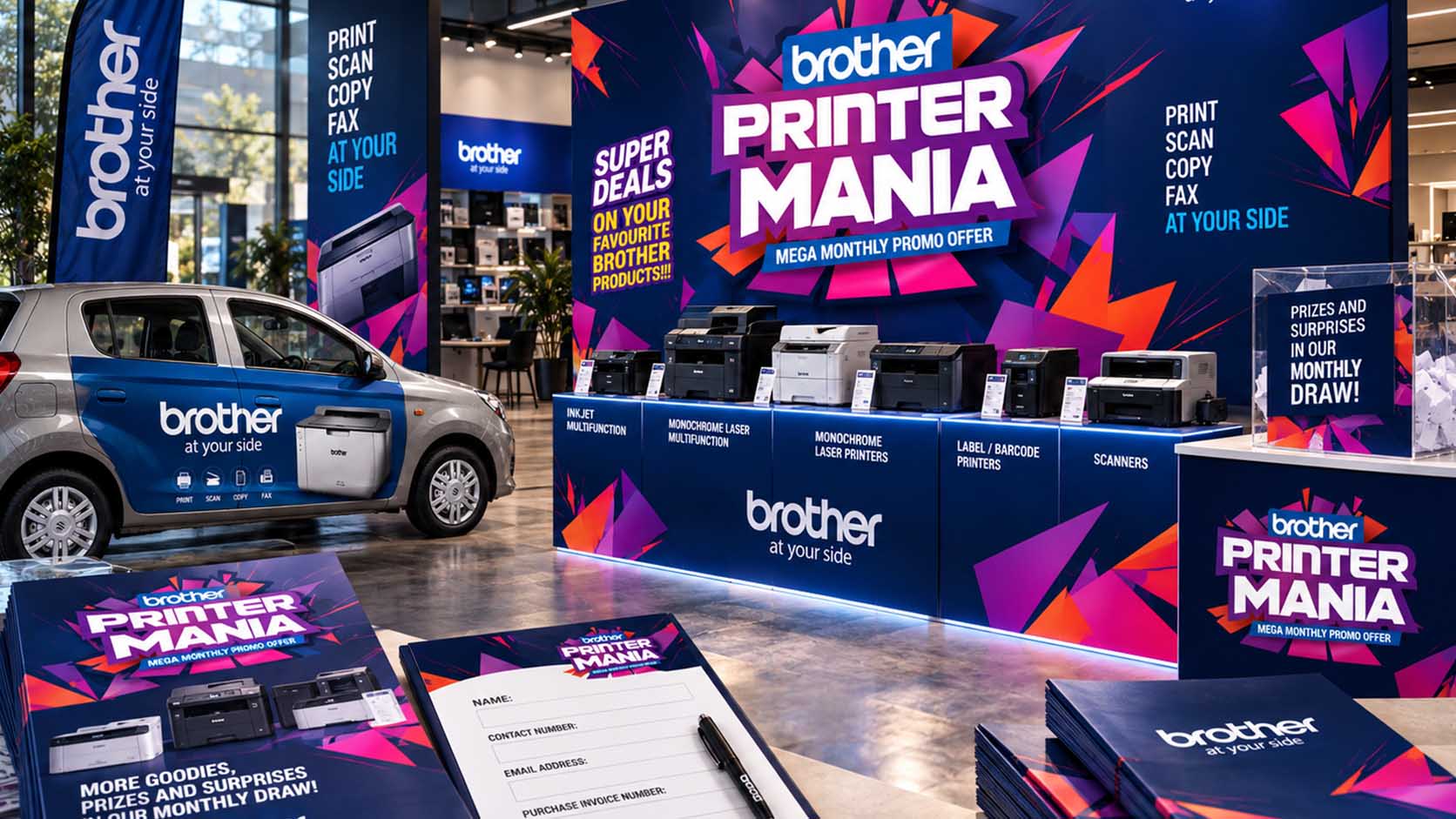 Prodajni prostor sa Brother Printer Mania zidom, vozilom i letacima