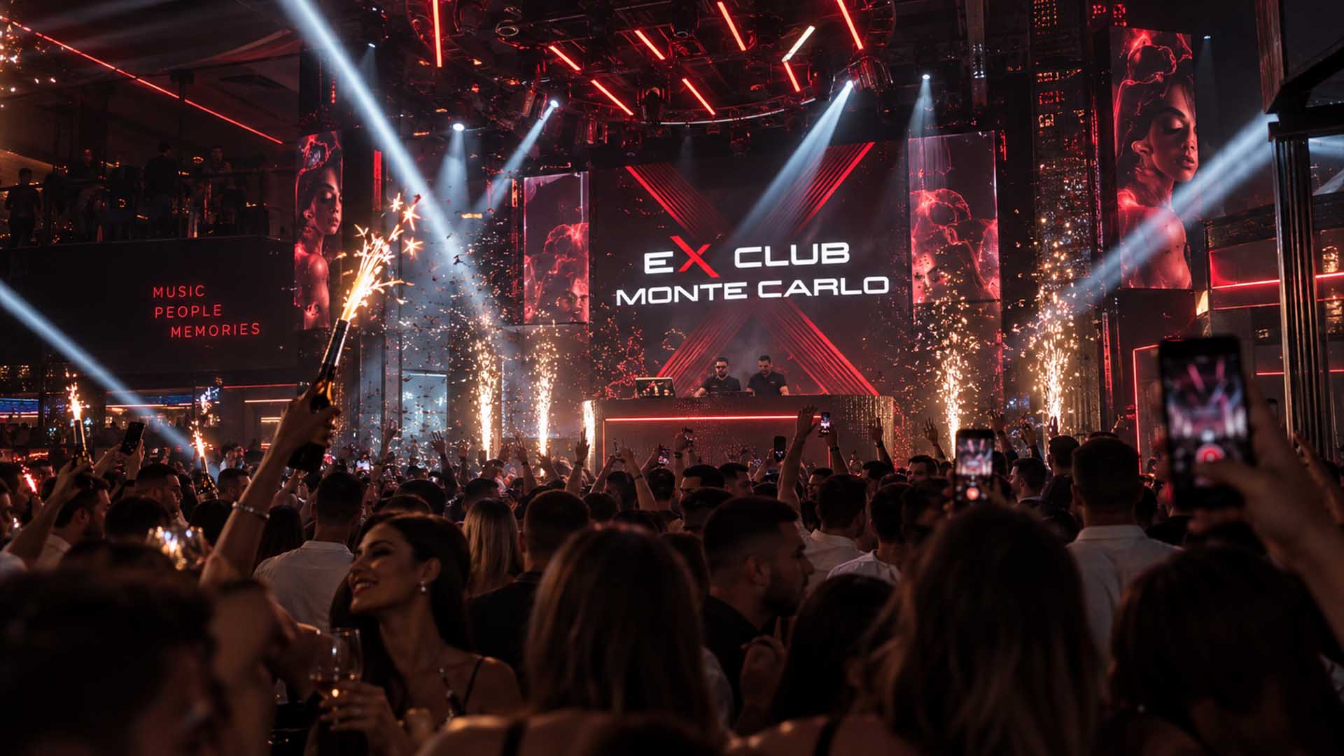 Puna sala ExClub Monte Carlo sa scenskim znakom kluba i vatrometom