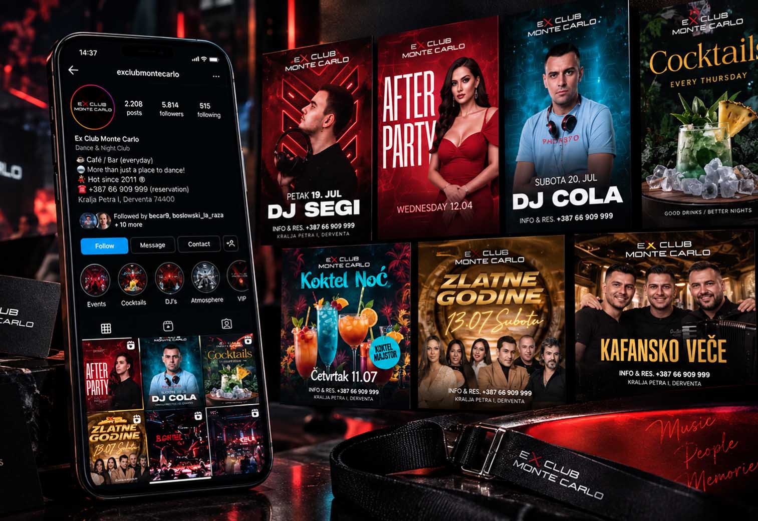 Instagram profil ExClub Monte Carlo i serija plakata za događaje