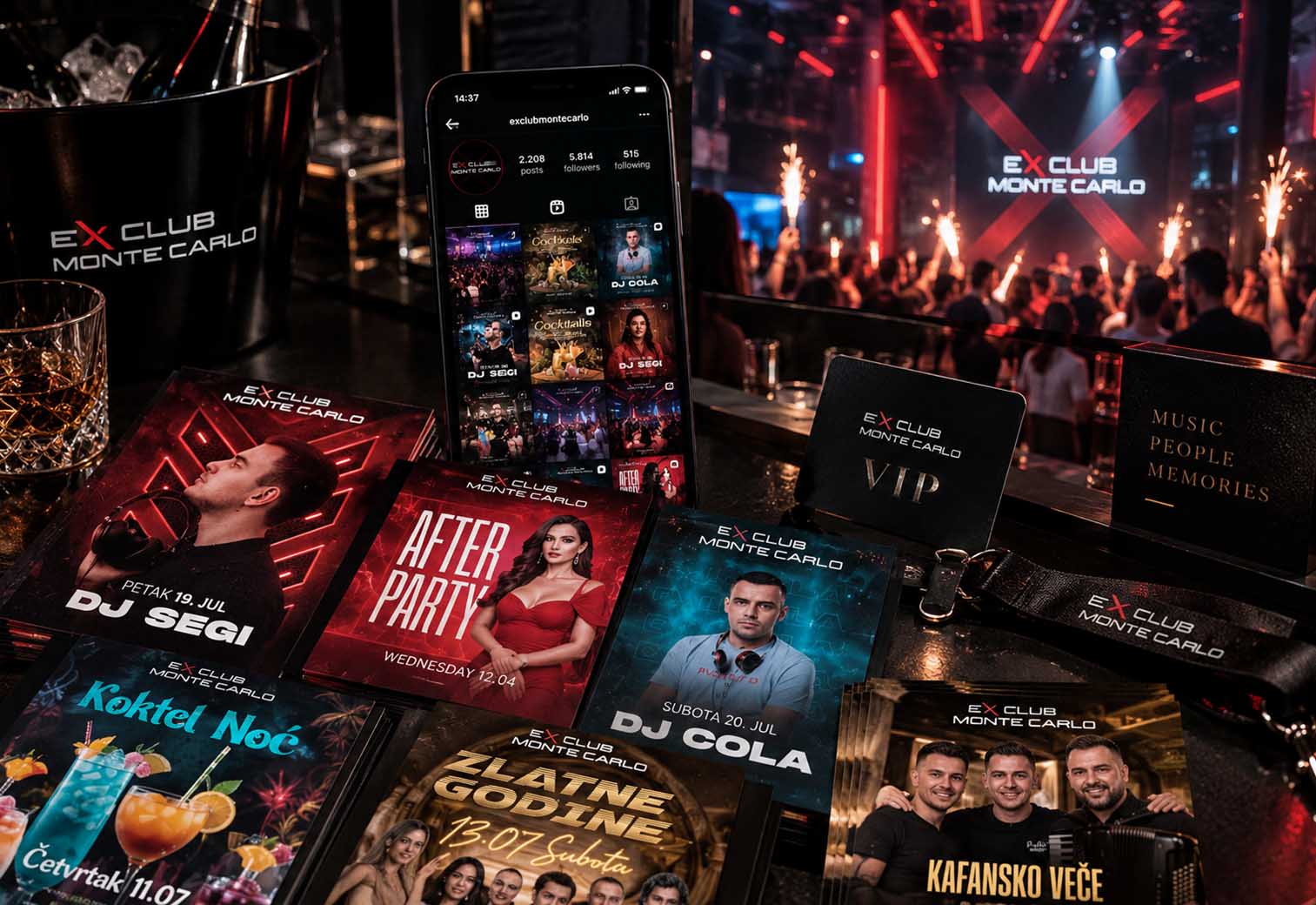 Plakati DJ večeri, VIP kartica i Instagram profil ExClub Monte Carlo