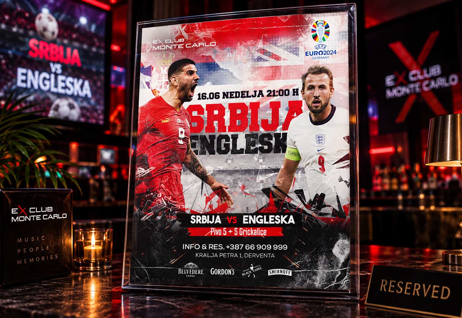 Plakat za prenos utakmice Srbija–Engleska u ExClub Monte Carlo