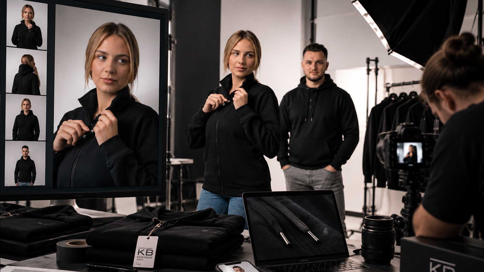 Snimanje modela u duksevima KB FairTrade uz monitor sa kadrovima
