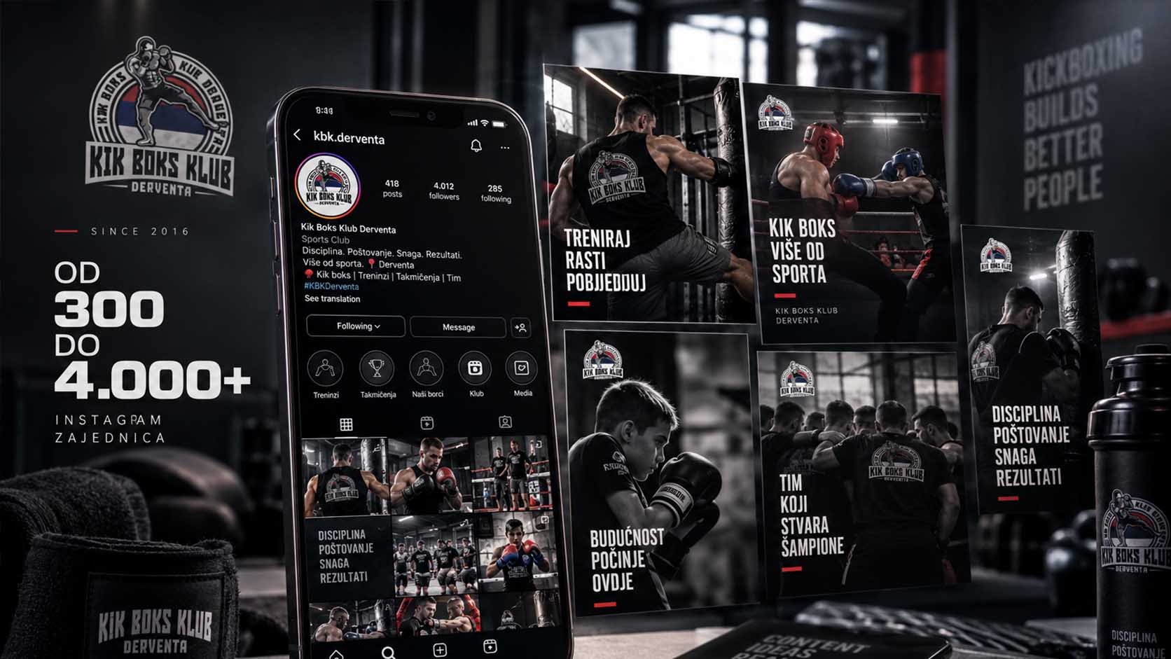 Instagram profil Kik Boks Kluba Derventa i serija objava za mreže