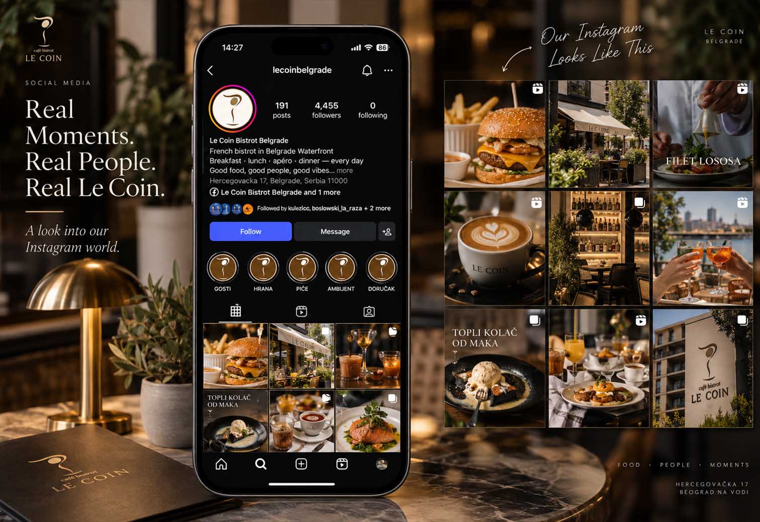 Instagram profil Le Coin Bistrot Belgrade i mreža objava sa hranom