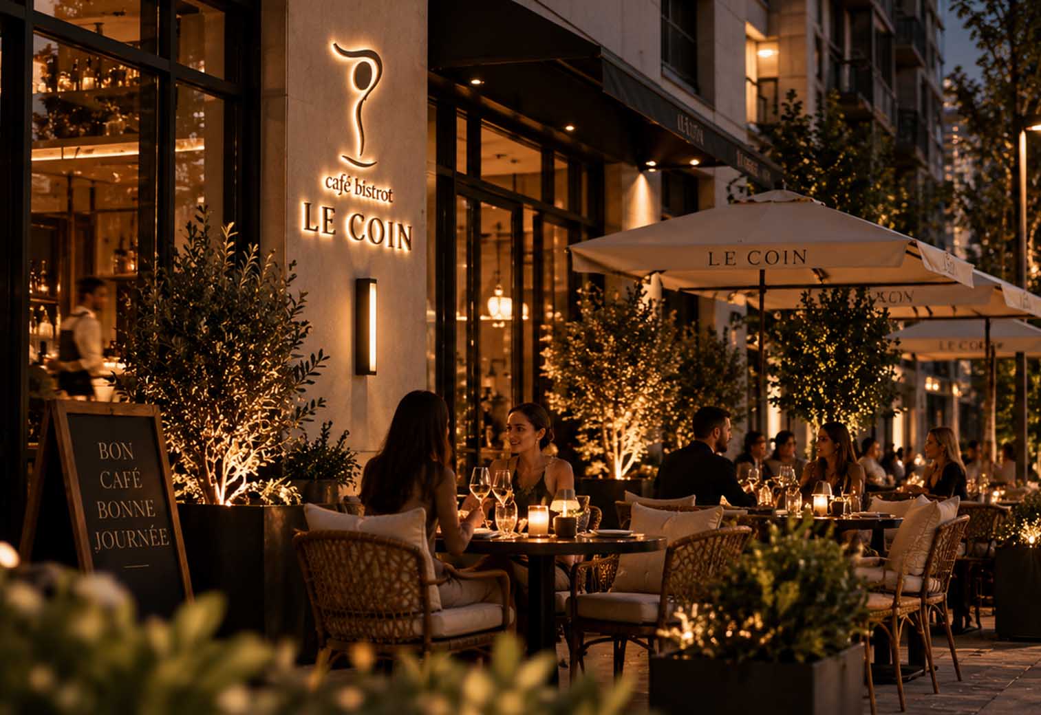 Bašta bistroa Le Coin u sumrak, osvetljena tabla sa logotipom