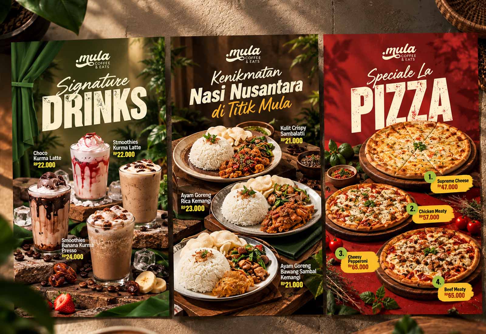 Promotional posters for Mula Coffee & Eats — coffee, Indonesian dishes and a pizza offer