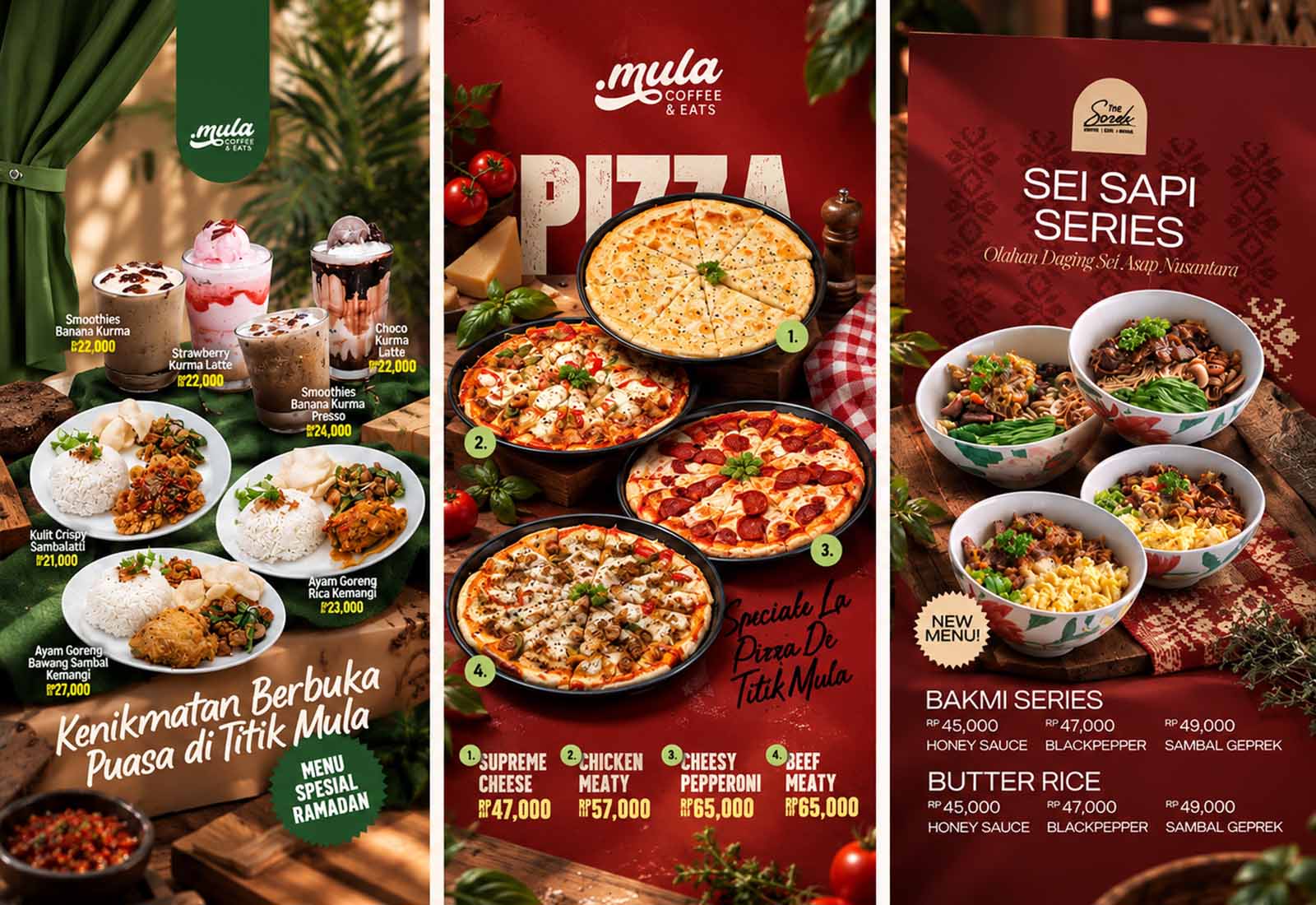 Pizza menu design and food visuals for the Mula Coffee & Eats kitchen in Indonesia