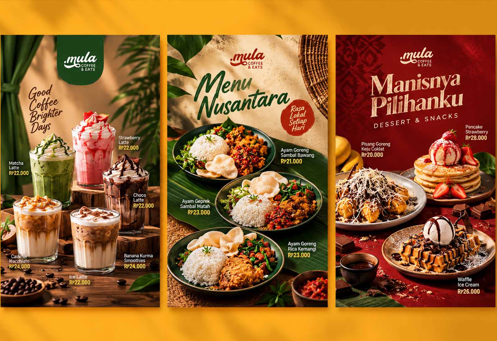 Posters for coffee, traditional Indonesian dishes, desserts and the snack menu