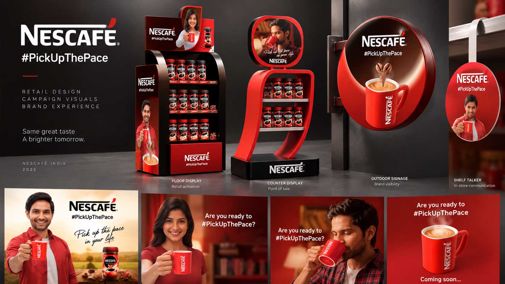 Pregled Nescafé #PickUpThePace kampanje — displeji, signalizacija, vizuali