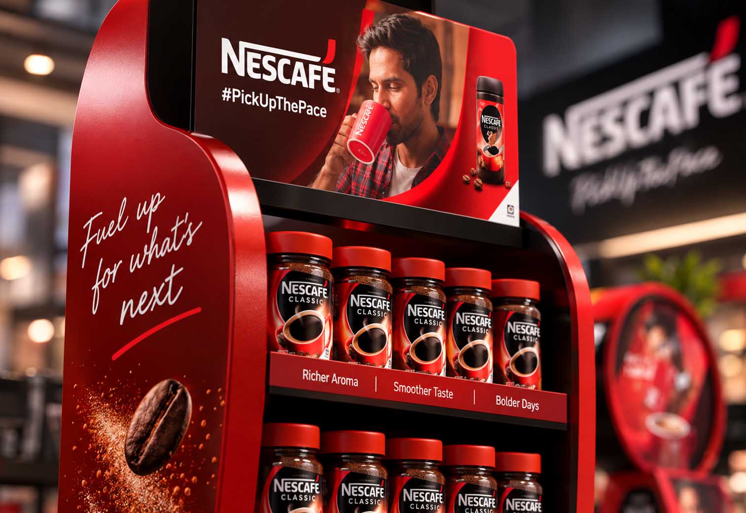 Nescafé podni displej sa teglama Classic u prodajnom prostoru