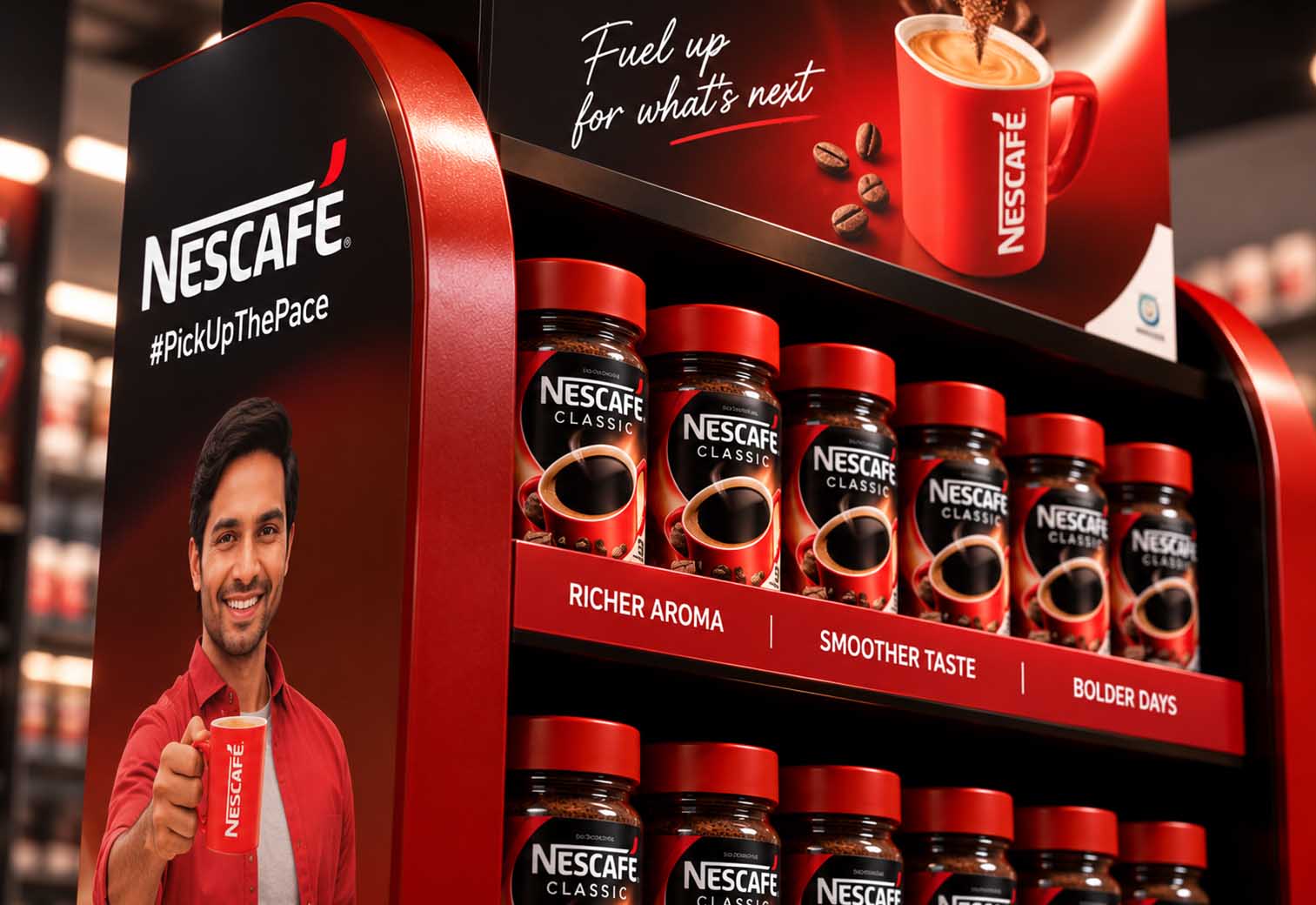 Nescafé displej izbliza — police sa teglama i kampanjski vizual