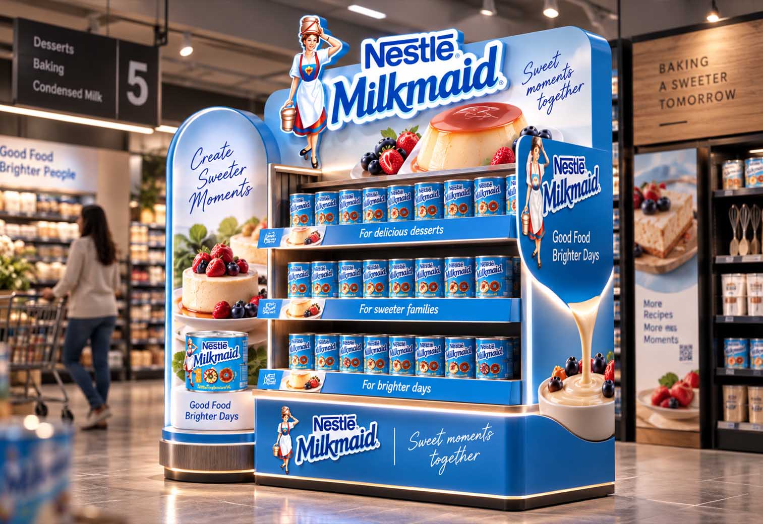 Samostojeći Nestlé Milkmaid displej sa konzervama i desertima