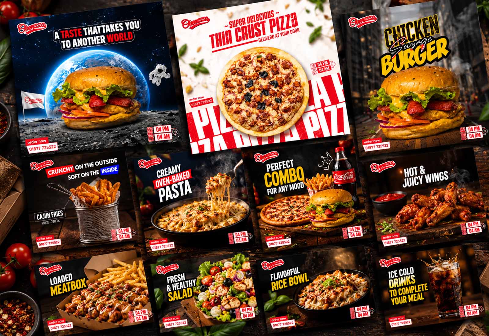 Social media visuals for Ovenzza Chittagong — pizza, burgers and delivery posts for Instagram