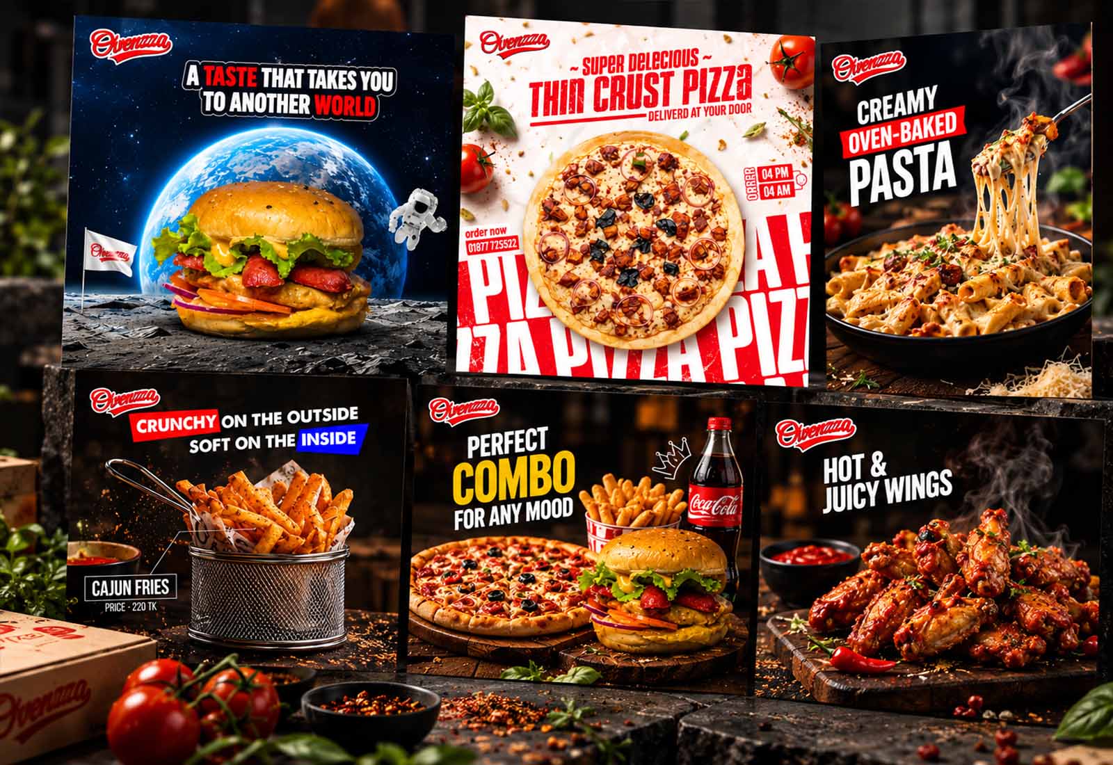 Posts for pizza, burgers, Cajun fries, pasta and wings from the Ovenzza menu