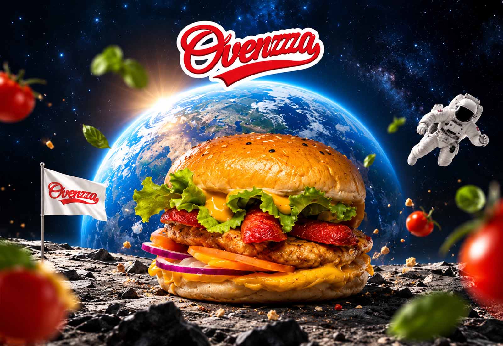 A burger ad set in space, with the Earth and an astronaut behind the product