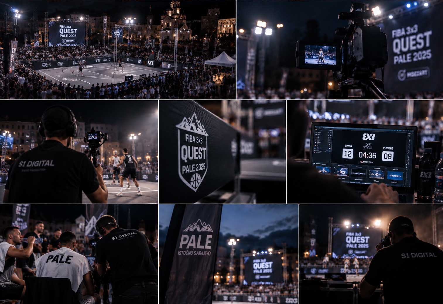 Kolaž sa prenosa FIBA 3x3 Quest Pale — kamere, ekipa i grafika