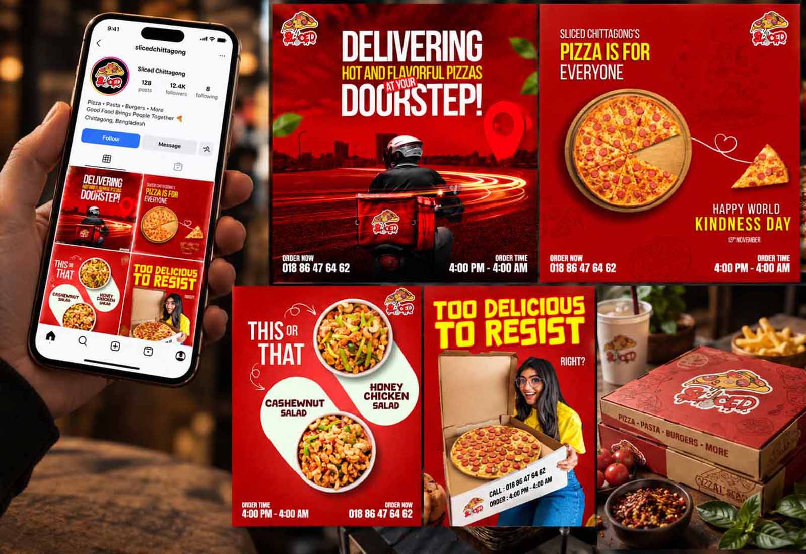 Instagram profil Sliced Chittagong na telefonu, pored objava za dostavu, salate i kutije za pizzu
