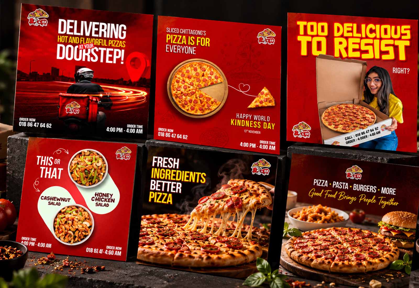 Šest objava za Instagram poređanih kao table — dostava, pizza, salate i burger
