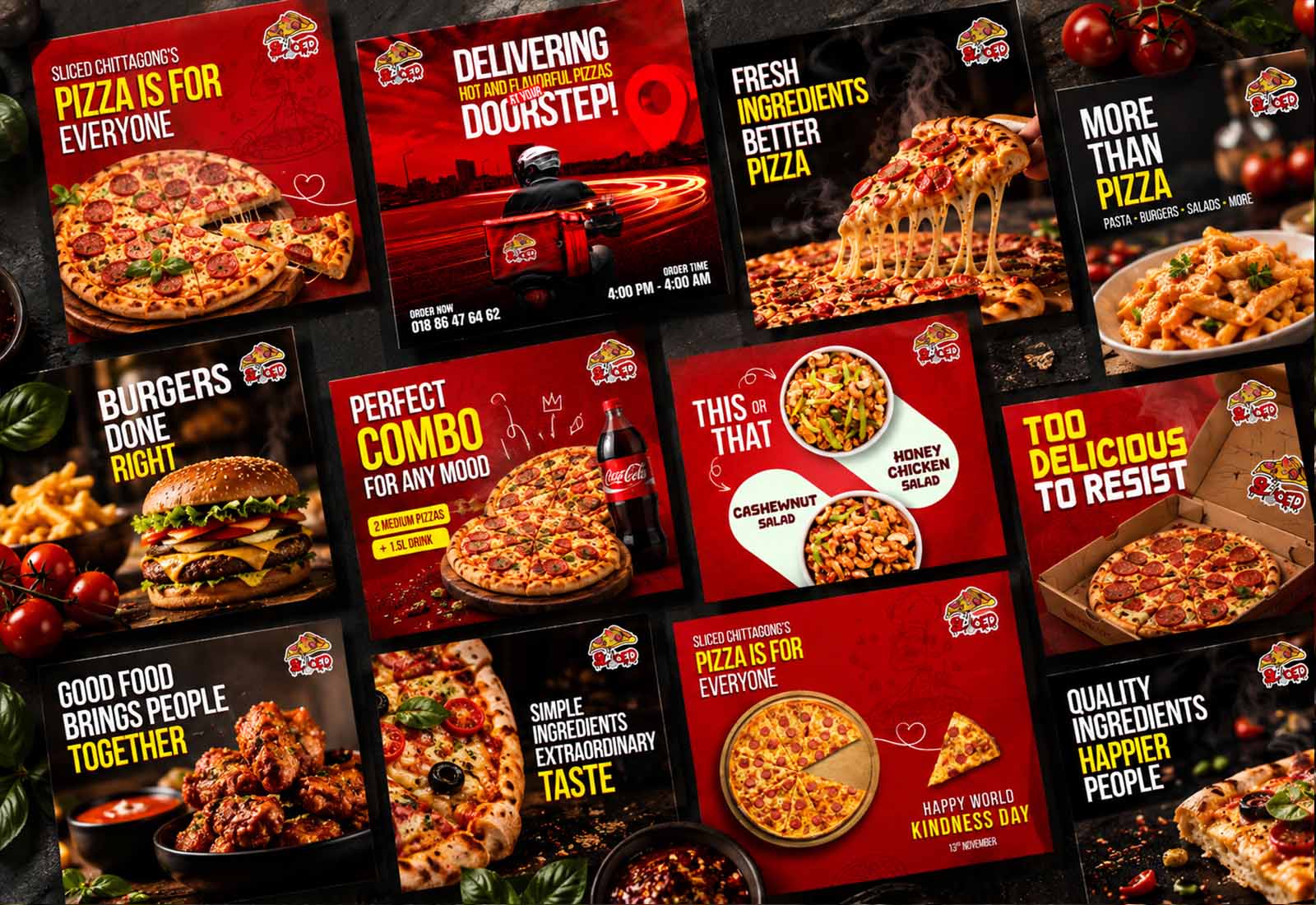Mreža od dvanaest objava za Instagram sa ponudom pizze, paste, burgera i salata