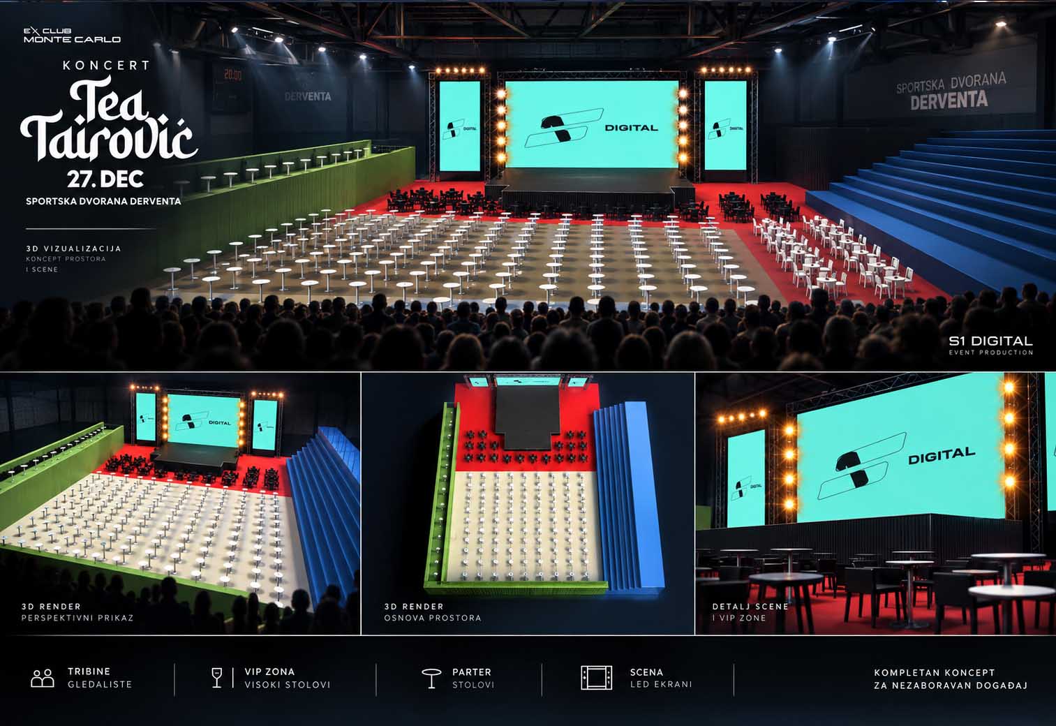 3D prikaz scene i rasporeda sale za koncert Tee Tairović u Derventi