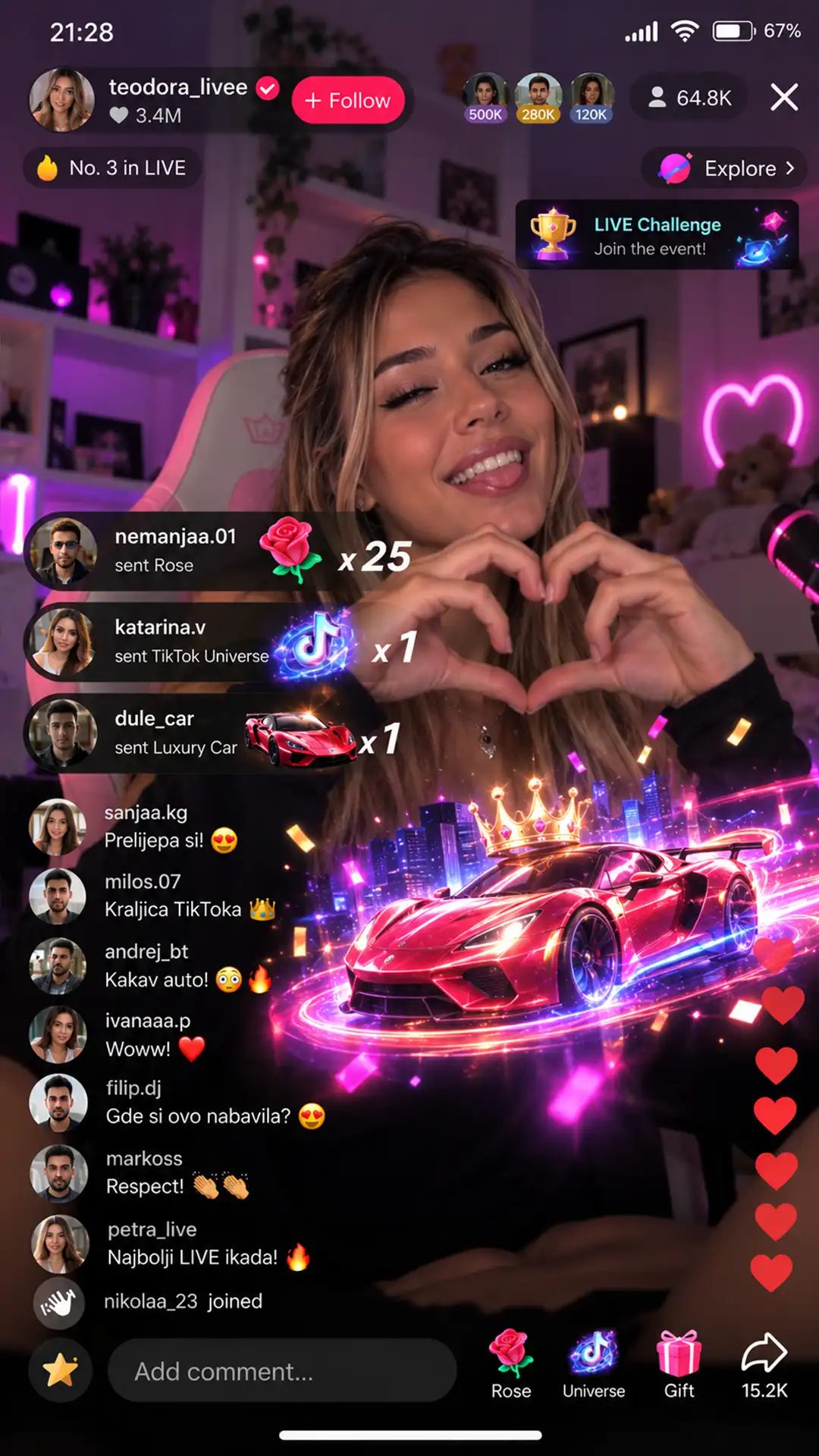Kreatorka vodi TikTok LIVE iz sobe sa neonskim srcem, uz poklone Ruža i Luxury Car.