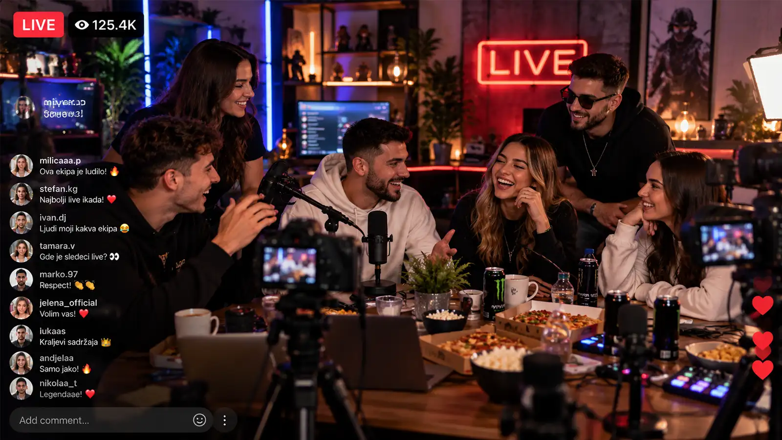 Grupa kreatora snima zajednički TikTok LIVE za stolom punim kamera i mikrofona.