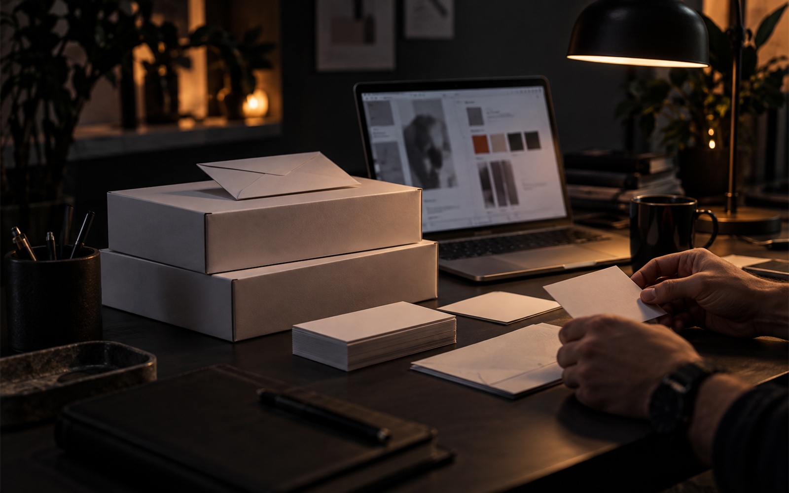 Hands checking a blank business card at a desk with unbranded boxes and a design board on screen